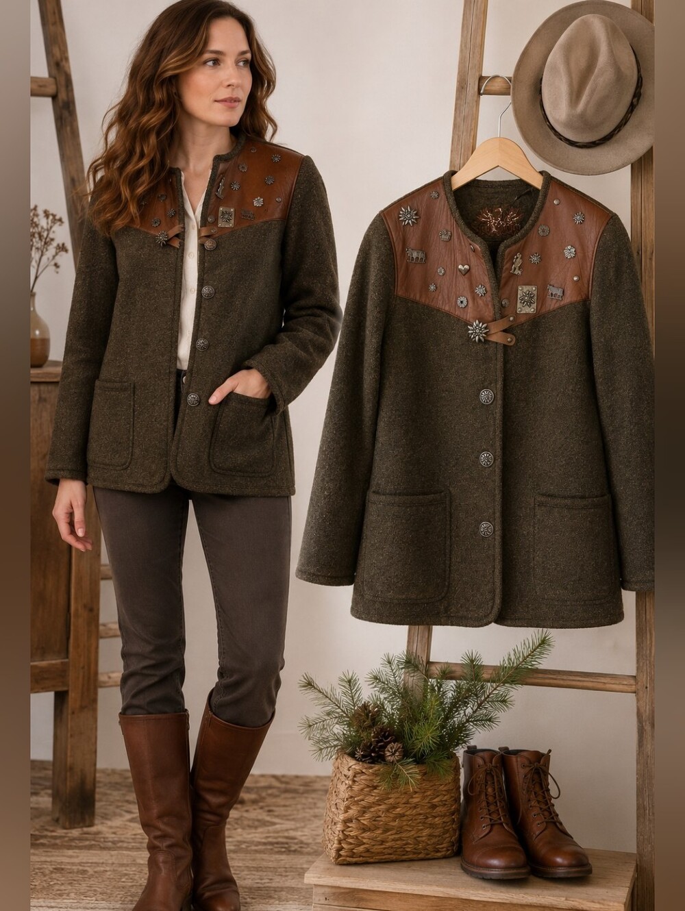 Reine Schurwolle Austrian Loden Wool Jacket Leather Trim Alpine Edelweiss EU 40